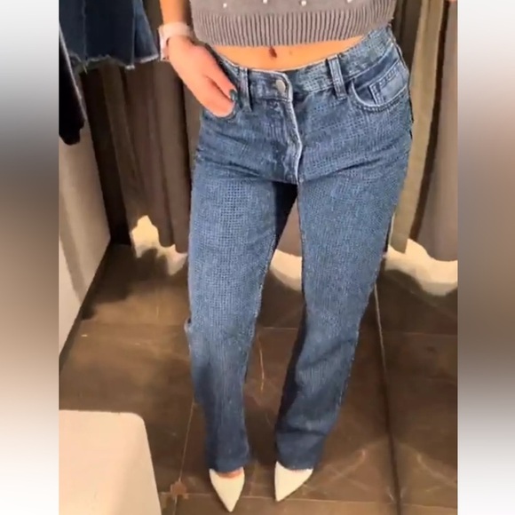 Zara ZW Collection Bootcut High Waist Rhinestone Sparkly Jeans Blue 2449/252 NWT - Picture 1 of 11